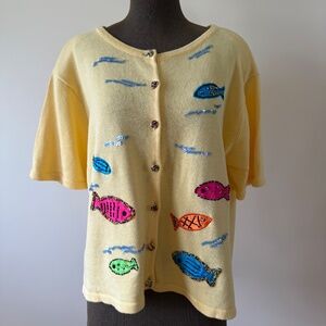 Fun Yellow Vintage 90s Beaded Sequin Fish Cardigan